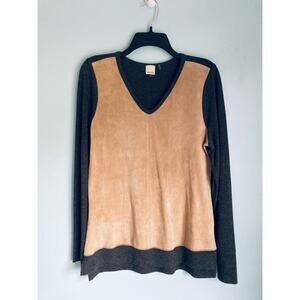 Ecru Suede Long Sleeve Top Large Gray and Tan